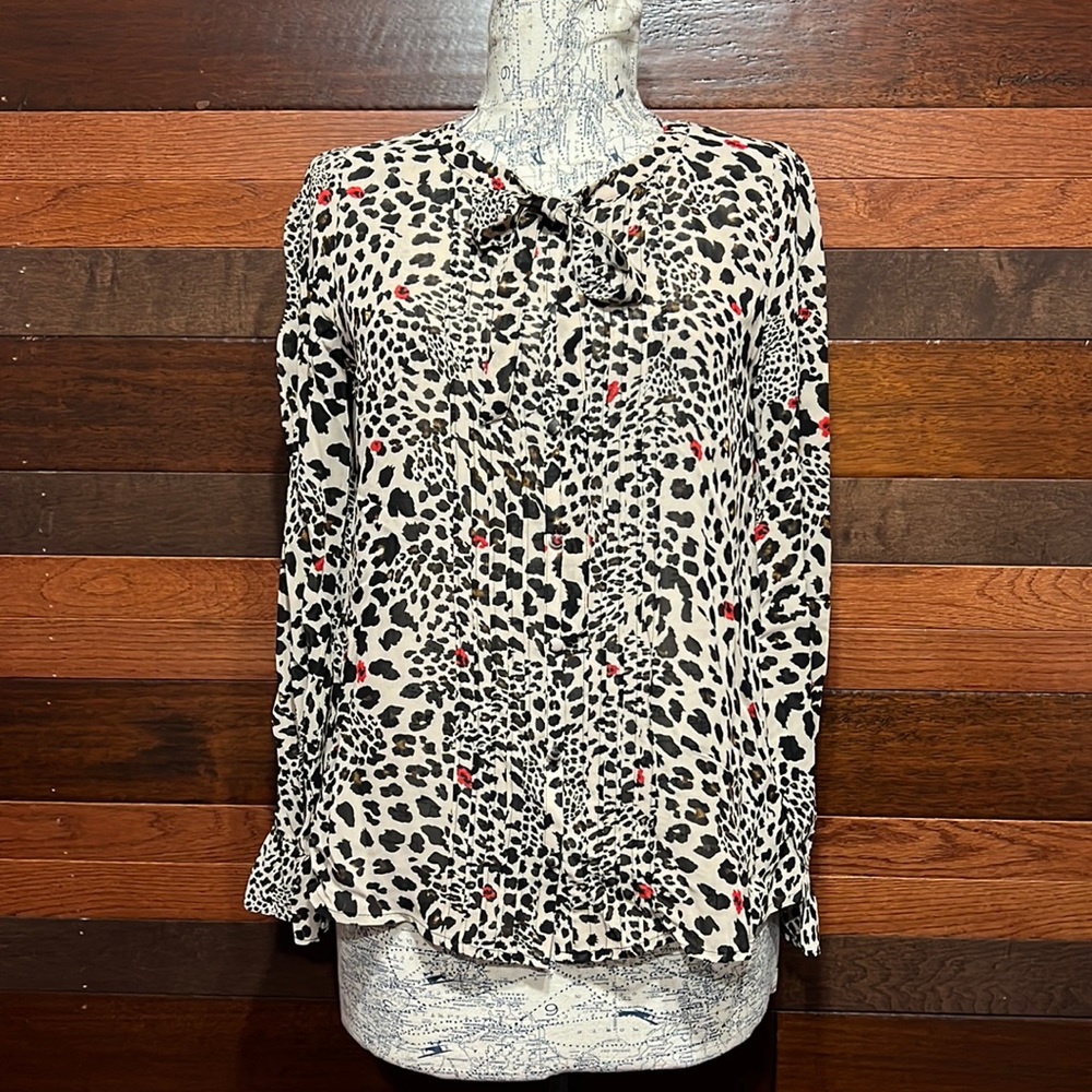 Sanctuary Tie Crew Neck Long Sleeve Animal Print Button Down Blouse